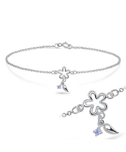 Rhodium Plated Flower and little leaf with CZ Bracelet BRS-173-RP